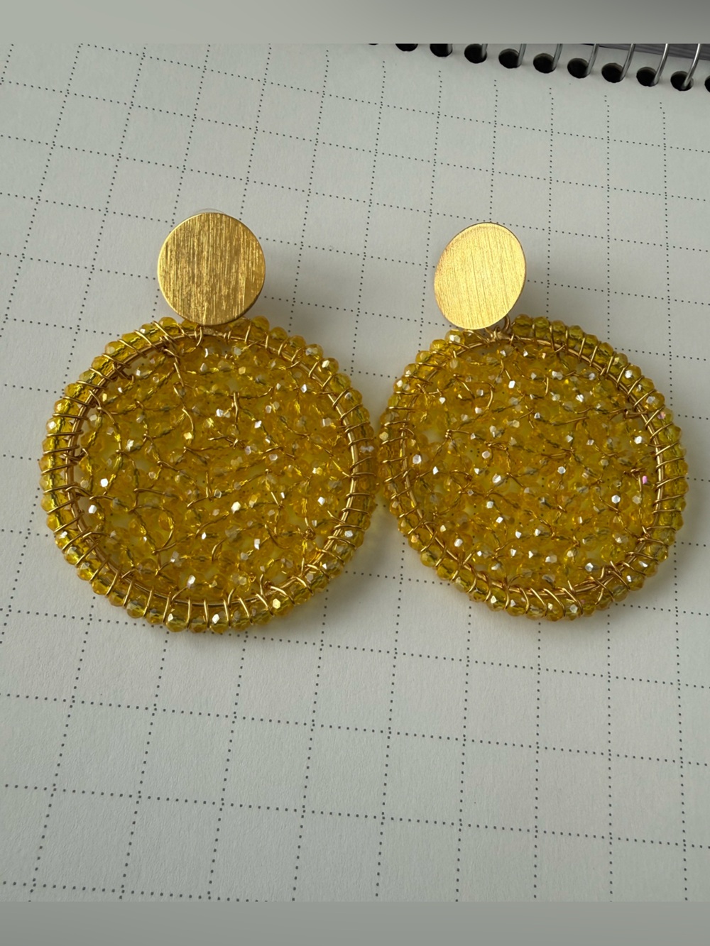 Yellow Beaded Round Statement Earrings